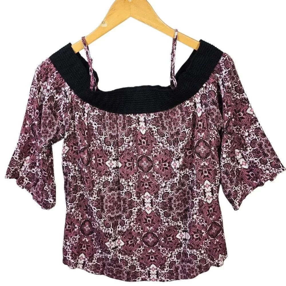 Maurices Maroon Printed Off-Shoulder Topโ Boho Geometry